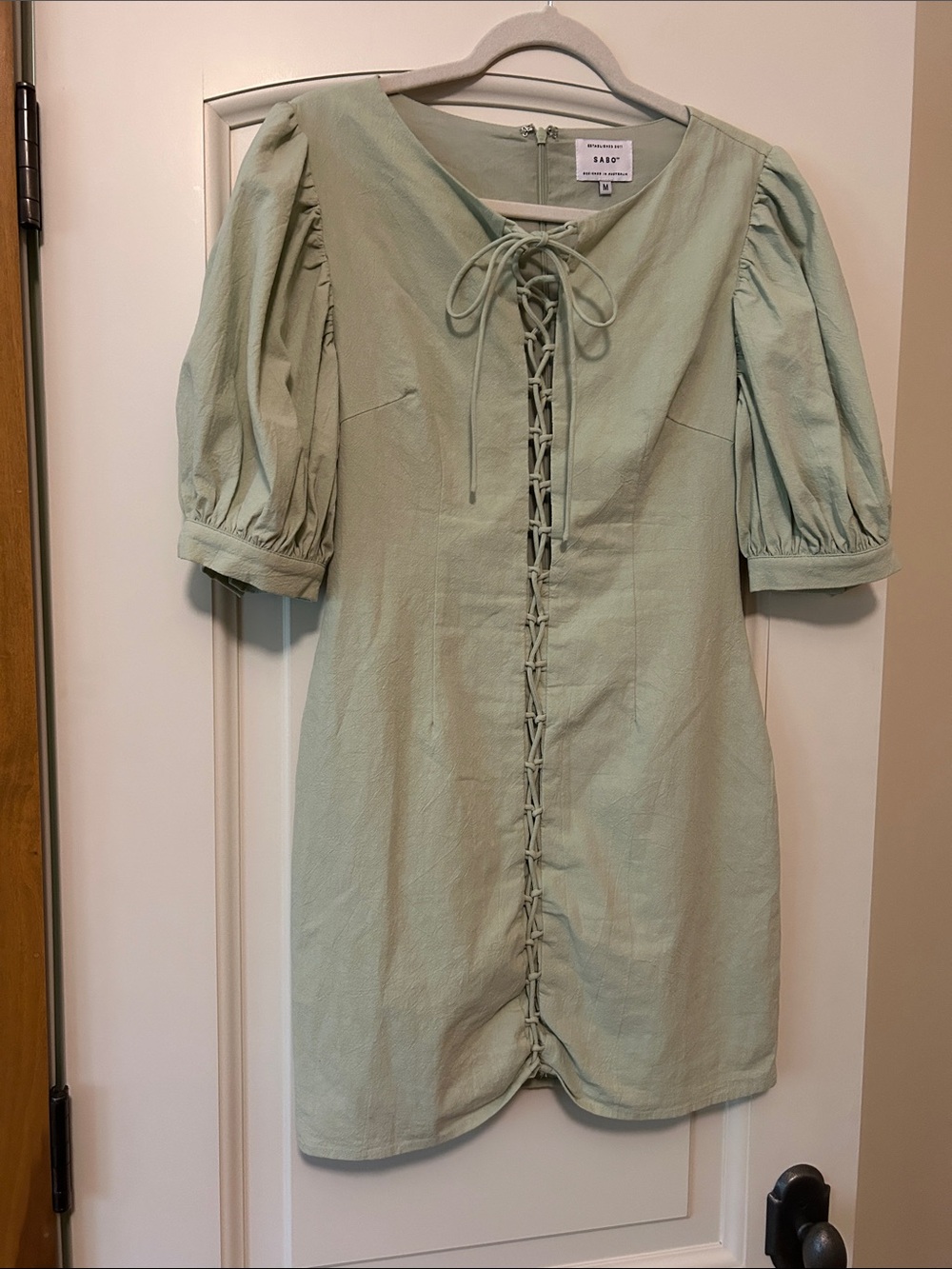 Sabo Skirt Sage Green ALMA Lace-Up Puff Sleeve Mini Dress
